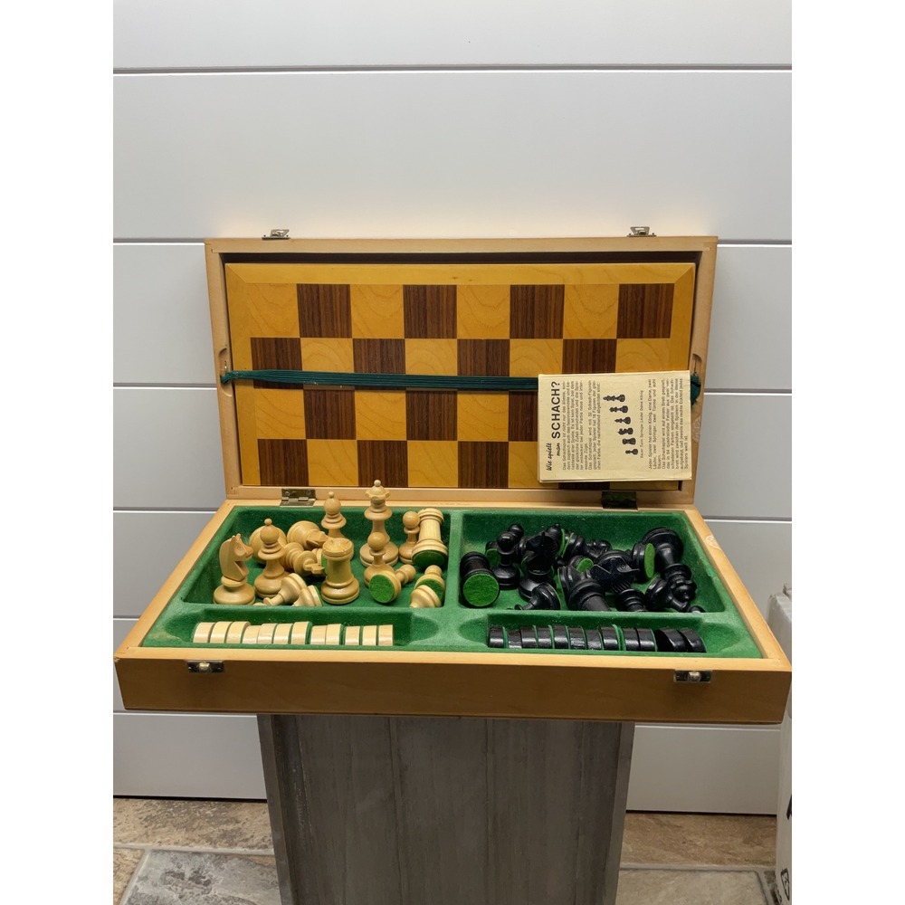 Vintage West Germany Wooden Chess and Checkers Set Inlaid Wood Case Staunton